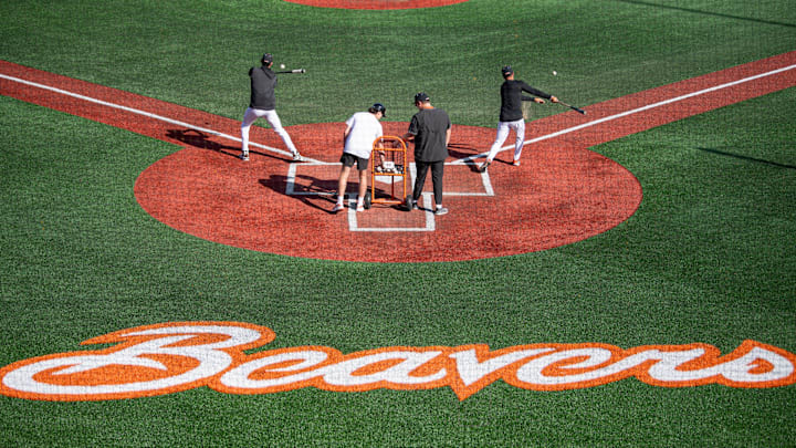 Oregon State warms up before playing against Tulane in the Corvallis Regional of the NCAA Tournament Friday, May 31, 2024, at Goss Stadium in Corvallis, Ore.