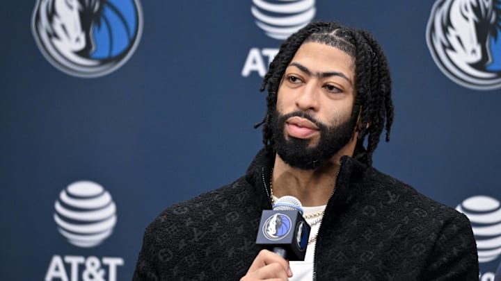 Feb 7, 2025; Dallas, TX, USA; Dallas Mavericks forward Anthony Davis speaks to the media during a press conference at the Dallas Mavericks practice facility. Mandatory Credit: Jerome Miron-Imagn Images