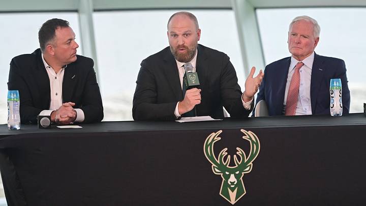 May 6, 2026; Milwaukee, WI, USA;  Milwaukee Bucks general manager Jon Horst (left) and co-owner Jimmy Haslam (right) introduce new head coach Taylor Jenkins (center) at a press conference at Milwaukee Art Museum. Mandatory Credit: Benny Sieu-Imagn Images