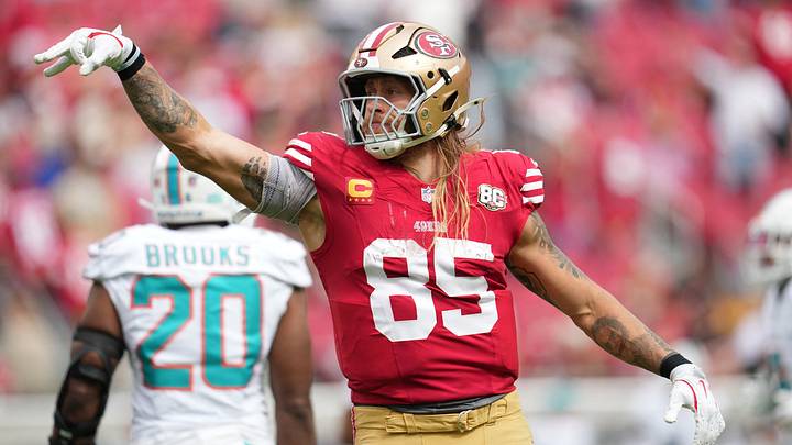 San Francisco 49ers tight end George Kittle (85) reacts during the third quarter against the Miami Dolphins at Levi's Stadium.  