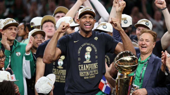 Jun 17, 2024; Boston, Massachusetts, USA; Boston Celtics center Al Horford (42) celebrates after winning the 2024 NBA Finals against the Dallas Mavericks at TD Garden. Mandatory Credit: Peter Casey-USA TODAY Sports