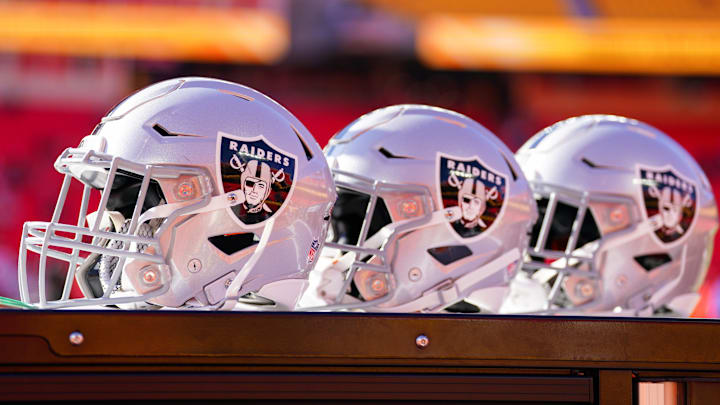 Nov 29, 2024; Kansas City, Missouri, USA; A general view of Las Vegas Raiders helmets against the Kansas City Chiefs prior to a game at GEHA Field at Arrowhead Stadium. Mandatory Credit: Denny Medley-Imagn Images