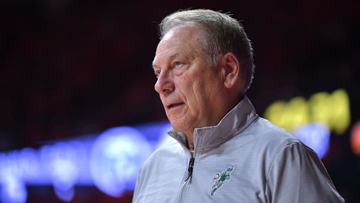 Feb 15, 2025; Champaign, Illinois, USA;  Michigan State Spartans head coach Tom Izzo during the second half against the Illinois Fighting Illini at State Farm Center. Mandatory Credit: Ron Johnson-Imagn Images