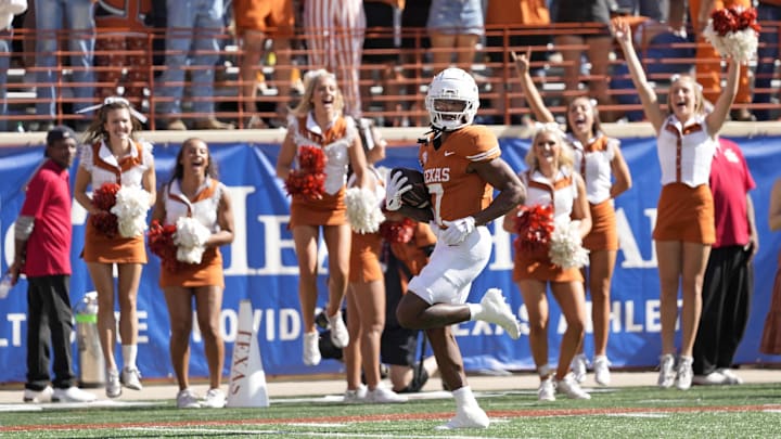 Texas Longhorns wide receiver Isaiah Bond runs into the end zone for a touchdown against the Florida Gators. Texas Longhorns wide receiver Isaiah Bond runs into the end zone for a touchdown against the Florida Gators.