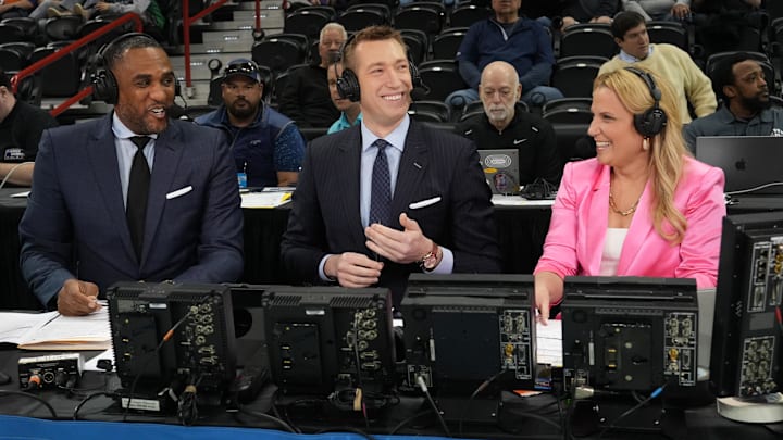 Analyst Robbie Hummel, and play by play announcer Lisa Byington call a game 