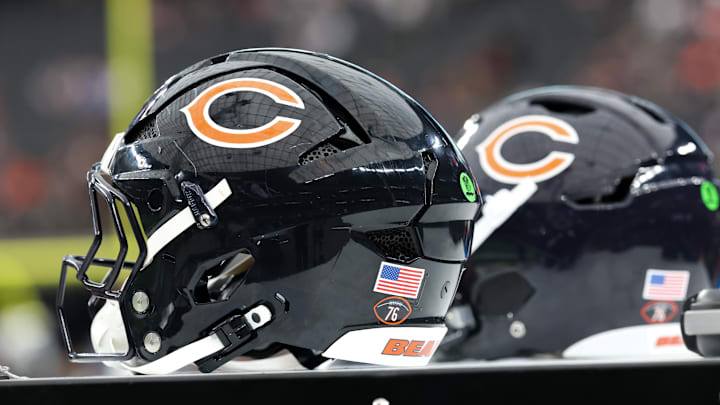 Sep 28, 2025; Paradise, Nevada, USA; A general view of Chicago Bears helmets before the start of the game against Las Vegas Raiders at Allegiant Stadium. Mandatory Credit: Kiyoshi Mio-Imagn Images