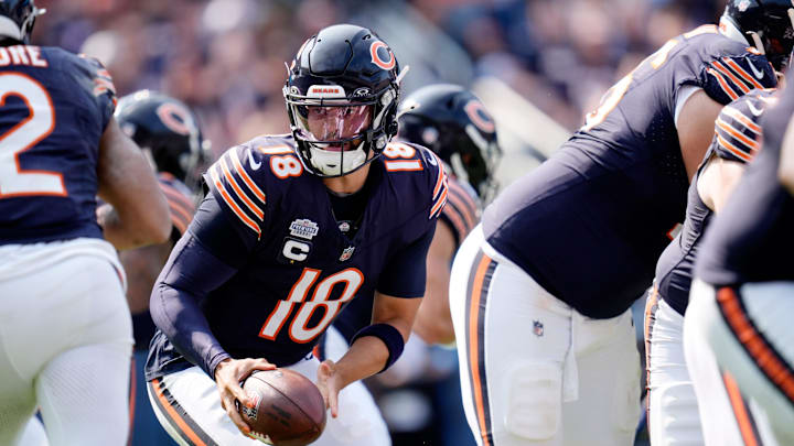 Chicago Bears quarterback Caleb Williams (18) competes against the Tennessee Titans during the fourth quarter at Soldier Field in Chicago, Ill., Sunday, Sept. 8, 2024.