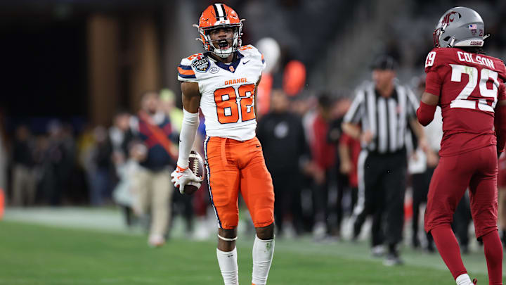 Dec 27, 2024; San Diego, CA, USA; Syracuse Orange wide receiver Darrell Gill Jr. (82) celebrates after catching the ball against Washington State Cougars during the second half at Snapdragon Stadium. Mandatory Credit: Abe Arredondo-Imagn Images Dec 27, 2024; San Diego, CA, USA; Syracuse Orange wide receiver Darrell Gill Jr. (82) celebrates after catching the ball against Washington State Cougars during the second half at Snapdragon Stadium. Mandatory Credit: Abe Arredondo-Imagn Images