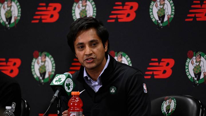 Sep 25, 2025; Boston, MA, USA;  Boston Celtics co-owner and alternate governor Aditya Mittal speaks during a press conference at Auerbach Center.