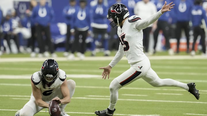 Nov 30, 2025; Indianapolis, Indiana, USA; Houston Texans kicker Ka'Imi Fairbairn (15) kicks a field goal for an extra point during a game against the Indianapolis Colts at Lucas Oil Stadium. Mandatory Credit: Christine Tannous-USA TODAY Network via Imagn Images Nov 30, 2025; Indianapolis, Indiana, USA; Houston Texans kicker Ka'Imi Fairbairn (15) kicks a field goal for an extra point during a game against the Indianapolis Colts at Lucas Oil Stadium. Mandatory Credit: Christine Tannous-USA TODAY Network via Imagn Images