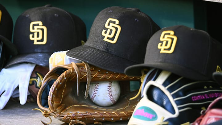 May 24, 2023; Washington, District of Columbia, USA; San Diego Padres hats in the dugout during the game against the Washington Nationals at Nationals Park.