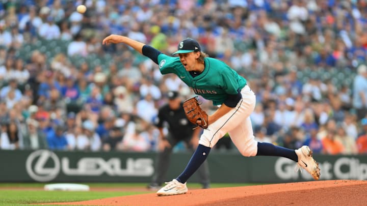 Seattle Mariners starting pitcher Logan Gilbert throws during a game against the New York Mets on Aug. 10 at T-Mobile Park.