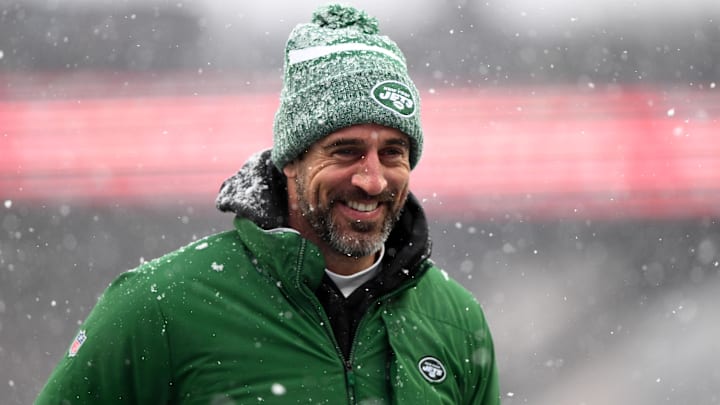 Jan 7, 2024; Foxborough, Massachusetts, USA; New York Jets quarterback Aaron Rodgers (8)  walks off