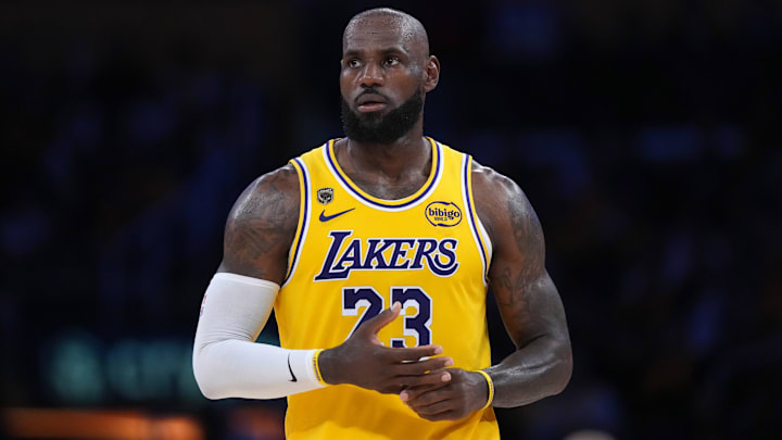 Apr 18, 2026; Los Angeles, California, USA; Los Angeles Lakers forward LeBron James (23) reacts against the Houston Rockets during game one of the first round of the 2026 NBA Playoffs at Crypto.com Arena. Mandatory Credit: Kirby Lee-Imagn Images