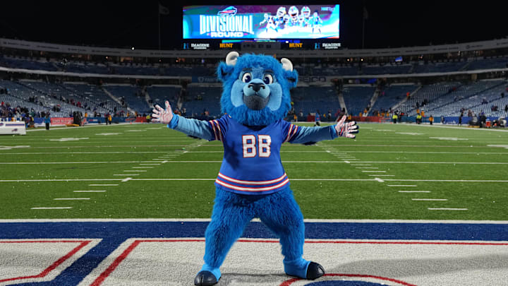 Jan 15, 2024; Orchard Park, New York, USA; Buffalo Bills mascot Billy Buffalo celebrates defeating the against the Pittsburgh Steelers in a 2024 AFC wild card game at Highmark Stadium. Mandatory Credit: Kirby Lee-Imagn Images