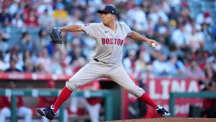 Jul 5, 2026; Anaheim, California, USA; Boston Red Sox pitcher Ranger Suarez (55) throws in the first inning against the Los Angeles Angels at Angel Stadium. Mandatory Credit: Kirby Lee-Imagn Images