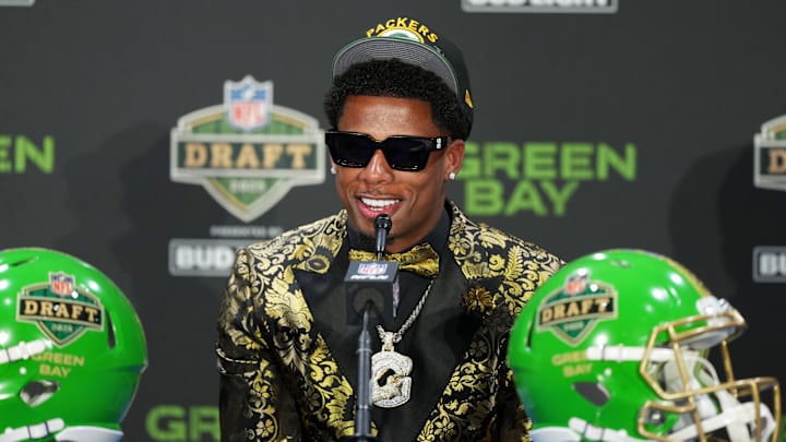 Apr 24, 2025; Green Bay, WI, USA; Matthew Golden speaks in a press conference after being selected by the Green Bay Packers as the number 23 pick in the first round of the 2025 NFL Draft at Lambeau Field. Mandatory Credit: Kirby Lee-Imagn Images