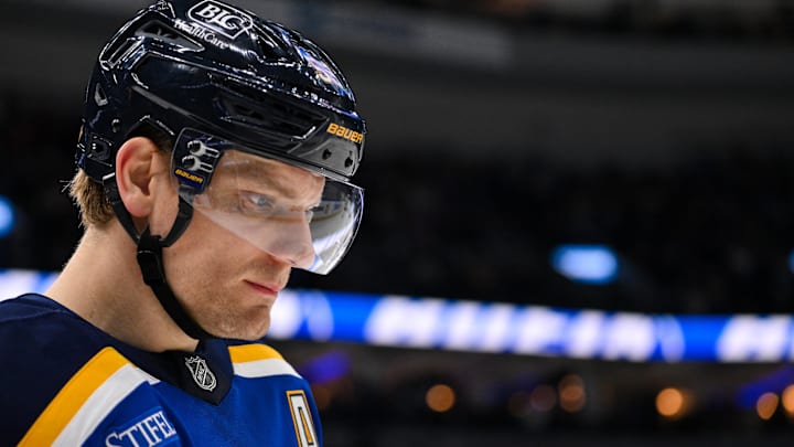 Jan 27, 2026; St. Louis, Missouri, USA; St. Louis Blues defenseman Colton Parayko (55) looks on during the first period against the Dallas Stars at Enterprise Center. Mandatory Credit: Jeff Curry-Imagn Images Jan 27, 2026; St. Louis, Missouri, USA; St. Louis Blues defenseman Colton Parayko (55) looks on during the first period against the Dallas Stars at Enterprise Center. Mandatory Credit: Jeff Curry-Imagn Images