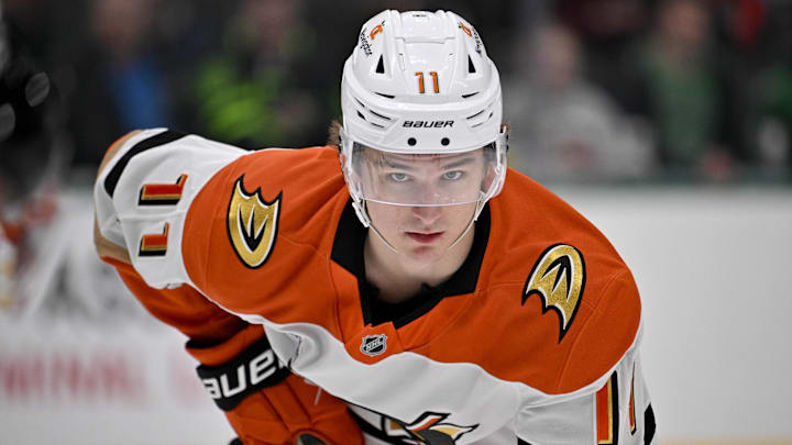 Mar 18, 2025; Dallas, Texas, USA; Anaheim Ducks center Trevor Zegras (11) during the first period against the Dallas Stars at the American Airlines Center. Mandatory Credit: Jerome Miron-Imagn Images