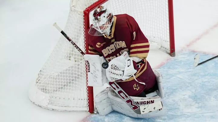 Louka Cloutier makes a save against Connecticut 