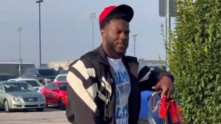 Colts captain Zaire Franklin flashing his pair of Caitlin Clark Kobe 5's as he arrives to training camp.