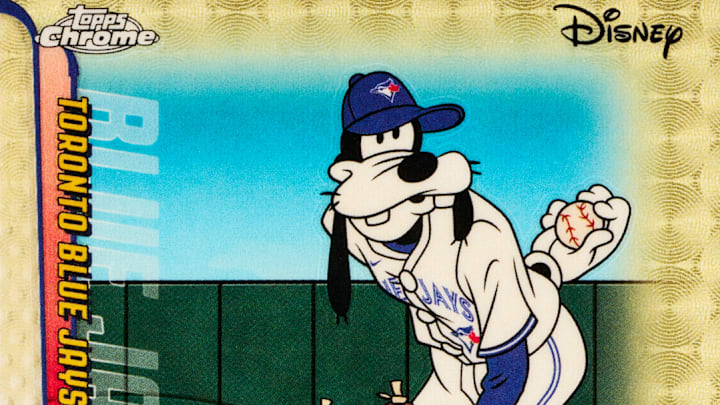 Goofy pitching for the Toronto Blue Jays in a new1/1 Topps Chrome Disney Superfractor.