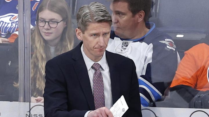 Mar 26, 2024; Winnipeg, Manitoba, CAN; Edmonton Oilers head coach Kris Knoblauch gestures in the