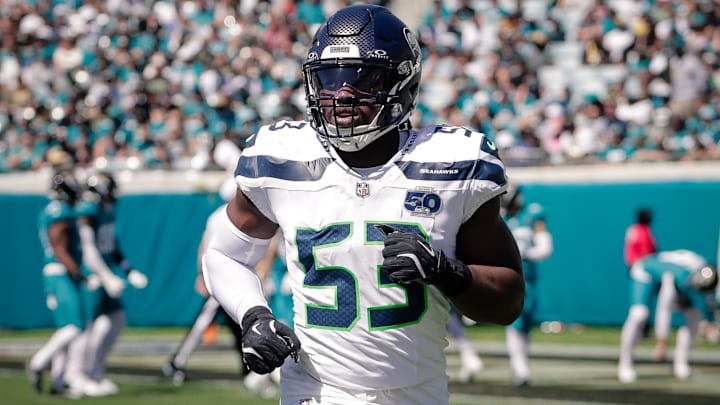 Oct 12, 2025; Jacksonville, Florida, USA;Seattle Seahawks linebacker Boye Mafe (53) runs off the field during the game against the Jacksonville Jaguars at EverBank Stadium. 