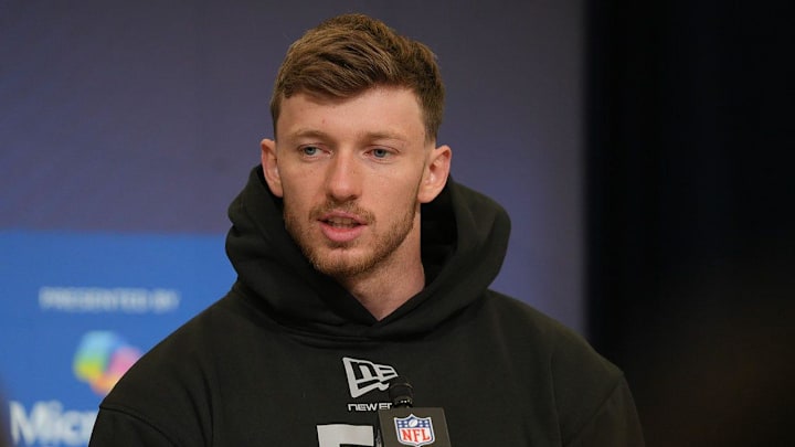 Dillon Thieneman meets with the media at the 2026 NFL Combine.