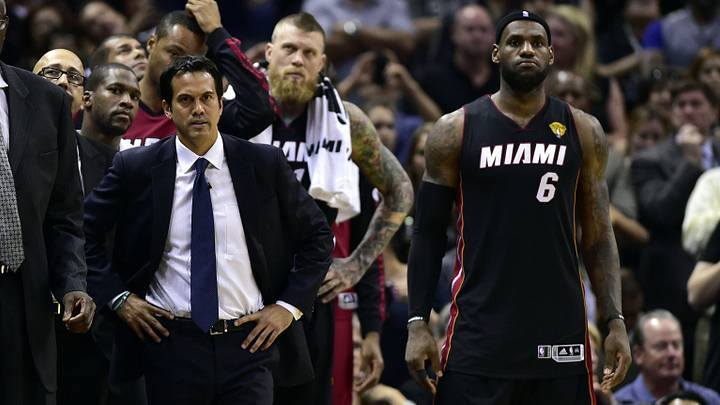 Jun 15, 2014; San Antonio, TX, USA; Miami Heat forward LeBron James (6) and Miami Heat head coach Erik Spoelstra react on the sideline during the fourth quarter against the San Antonio Spurs in game five of the 2014 NBA Finals at AT&T Center. Mandatory Credit: Bob Donnan-USA TODAY Sports