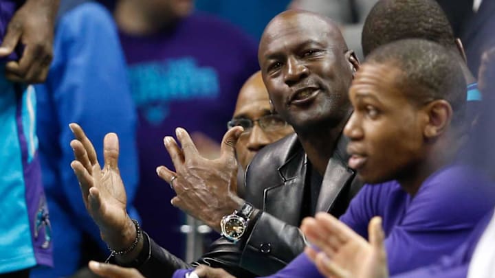 Dec 23, 2016; Charlotte, NC, USA; Charlotte Hornets owner Michael Jordan yells at an official in the second half against the Chicago Bulls at Spectrum Center. The Hornets defeated the Bulls 103-91. Mandatory Credit: Jeremy Brevard-Imagn Images