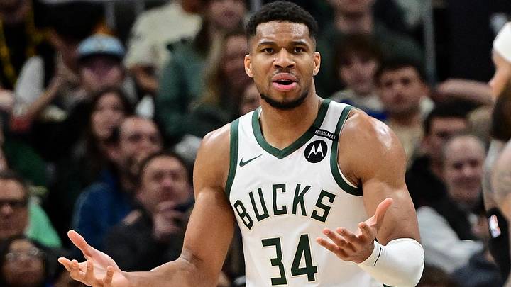 Milwaukee Bucks forward Giannis Antetokounmpo (34) reacts (Mandatory Credit: Benny Sieu-Imagn Images)