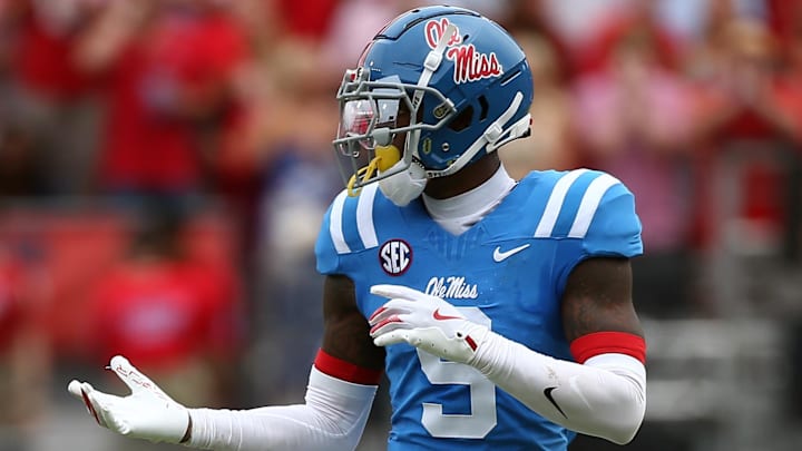 Sep 28, 2024; Oxford, Mississippi, USA; Mississippi Rebels defensive back Trey Amos (9) waits for the snap during the first half against the Kentucky Wildcats at Vaught-Hemingway Stadium. Mandatory Credit: Petre Thomas-Imagn Images