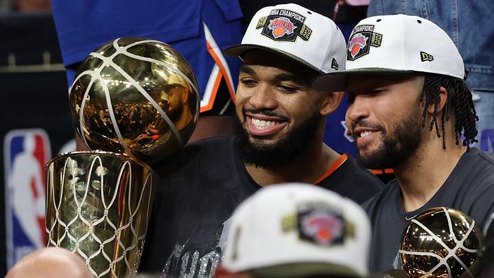 Jun 13, 2026; San Antonio, Texas, USA; New York Knicks center Karl-Anthony Towns (L) holds the Larry O'Brien championship trophy as Knicks guard Jalen Brunson (R) holds the Finals MVP trophy Jun 13, 2026; San Antonio, Texas, USA; New York Knicks center Karl-Anthony Towns (L) holds the Larry O'Brien championship trophy as Knicks guard Jalen Brunson (R) holds the Finals MVP trophy