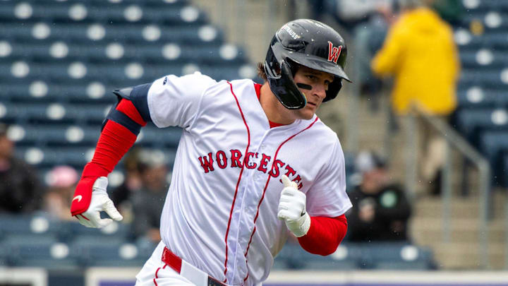 Worcester left fielder Roman Anthony runs on a fly ball against the Durham Bulls May 23. Worcester left fielder Roman Anthony runs on a fly ball against the Durham Bulls May 23.
