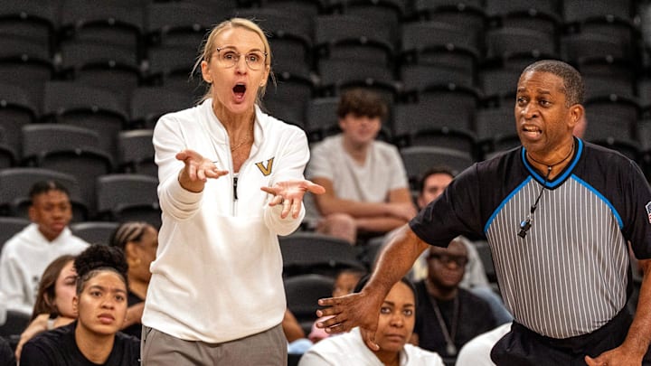 Vanderbilt coach Shea Ralph reacts during the win against Arizona at Acrisure Arena in Palm Desert, Calif., on Tuesday, November 26, 2024.