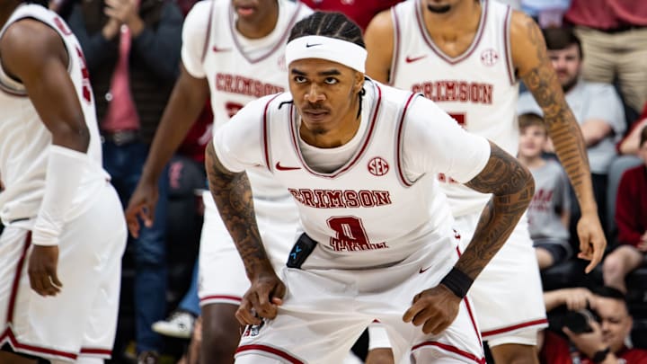 Alabama guard Labaron Philon Jr. stares down Arkansas in the second half of the game on Feb. 18, 2026.