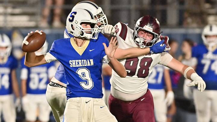 Sheridan quarterback Easton Barksdale drops back to pass during the Yellowjackets' 59-49 win against Benton on Oct. 9, 2026. Sheridan quarterback Easton Barksdale drops back to pass during the Yellowjackets' 59-49 win against Benton on Oct. 9, 2026.