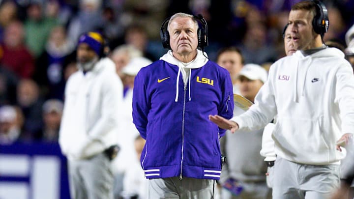 Nov 30, 2024; Baton Rouge, Louisiana, USA; LSU Tigers head coach Brian Kelly looks on against the Oklahoma Sooners during the second quarter at Tiger Stadium. Mandatory Credit: Stephen Lew-Imagn Images Nov 30, 2024; Baton Rouge, Louisiana, USA; LSU Tigers head coach Brian Kelly looks on against the Oklahoma Sooners during the second quarter at Tiger Stadium. Mandatory Credit: Stephen Lew-Imagn Images
