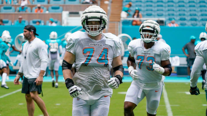 Miami Dolphins offensive lineman Liam Eichenberg (74) participates in the scrimmage at Hard Rock Stadium, Saturday, August 5, 2023 in Miami Gardens.