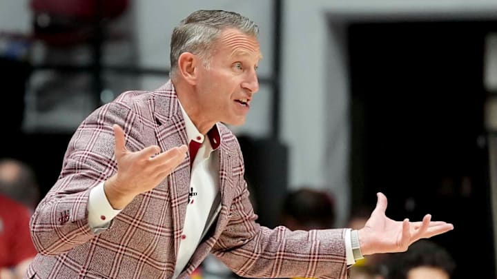 Nov 13, 2025; Tuscaloosa, Alabama, USA; Alabama head coach Nate Oats lobbies a ref for a call during the game with Purdue at Coleman Coliseum. Mandatory Credit: Gary Cosby Jr.-Tuscaloosa News