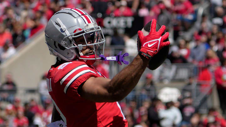 April 13, 2024; Columbus, Ohio, USA; 
Ohio State Buckeyes wide receiver Emeka Egbuka (2) catches a pass for the scarlet team during the first half of the LifeSports Spring Game at Ohio Stadium on Saturday.