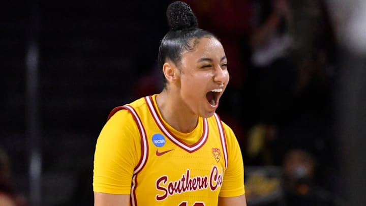 USC Trojans guard JuJu Watkins (12) celebrates during a NCAA Women’s Tournament 2nd round game against the Kansas Jayhawks at Galen Center.