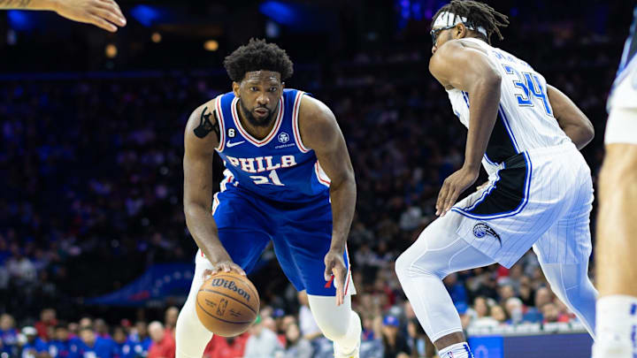 Feb 1, 2023; Philadelphia, Pennsylvania, USA; Philadelphia 76ers center Joel Embiid (21) dribbles