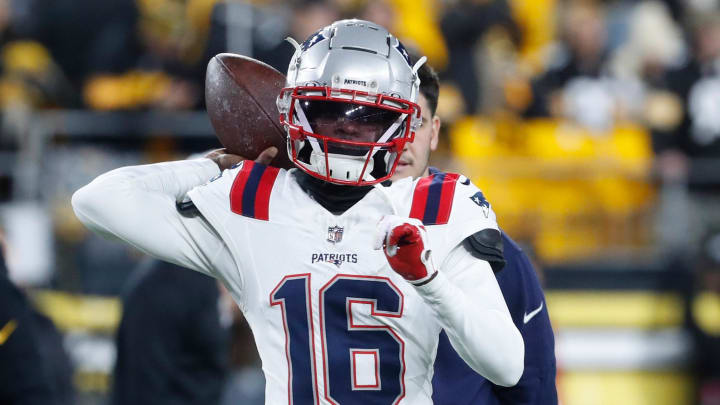 Dec 7, 2023; Pittsburgh, Pennsylvania, USA;  New England Patriots quarterback Malik Cunningham (16) warms up before the game against the Pittsburgh Steelers at Acrisure Stadium. Mandatory Credit: Charles LeClaire-USA TODAY Sports