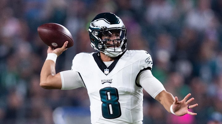 Aug 24, 2023; Philadelphia, Pennsylvania, USA; Philadelphia Eagles quarterback Marcus Mariota (8) passes the ball against the Indianapolis Colts during the first quarter at Lincoln Financial Field. Mandatory Credit: Bill Streicher-USA TODAY Sports