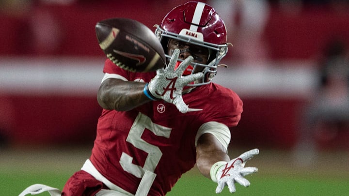 Alabama wide receiver Germie Bernard catches a pass in a game at Bryant-Denny Stadium during the 2024 season. Expectations will increase for Alabama in Kalen DeBoer's second season, and Bernard helps lead an improved group of receivers.