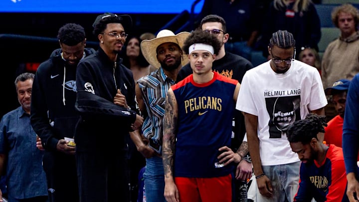 Apr 11, 2025; New Orleans, Louisiana, USA;  New Orleans Pelicans bench reacts to a play against the Miami Heat during the first half at Smoothie King Center. Mandatory Credit: Stephen Lew-Imagn Images