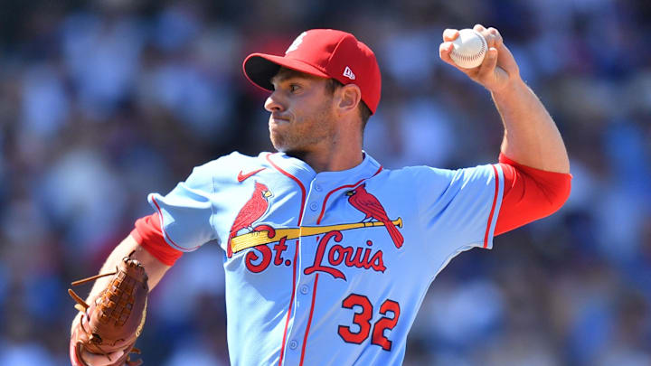 Jul 5, 2025; Chicago, Illinois, USA; St. Louis Cardinals pitcher Steven Matz (32) pitches during the sixth inning against the Chicago Cubs at Wrigley Field. Mandatory Credit: Patrick Gorski-Imagn Images