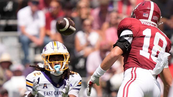 Sep 5, 2026; Tuscaloosa, AL, USA; East Carolina wide receiver Tyler Johnson (2) makes a catch behind Alabama defensive back Bray Hubbard (18) at Saban Field in Bryant-Denny Stadium. Mandatory Credit: Gary Cosby Jr.-Tuscaloosa News Sep 5, 2026; Tuscaloosa, AL, USA; East Carolina wide receiver Tyler Johnson (2) makes a catch behind Alabama defensive back Bray Hubbard (18) at Saban Field in Bryant-Denny Stadium. Mandatory Credit: Gary Cosby Jr.-Tuscaloosa News